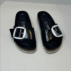 Birkenstock (Rare/Super Unique) Black Slides with Lg White Buckle